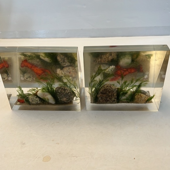 1960s Lucite Book Ends Clear Float TM Ocean Scene Lobsters - Picture 11 of 14